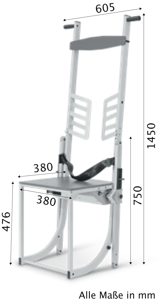 Maßzeichnung des HEBIXmech: Gesamthöhe 1450 mm, Breite 605 mm, Sitzhöhe 476 mm, Höhe 750 mm sowie Sitzfläche 380 × 380 mm.