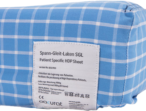 Produkt- und Pflegeetikett des SGL Spann-Gleit-Lakens.